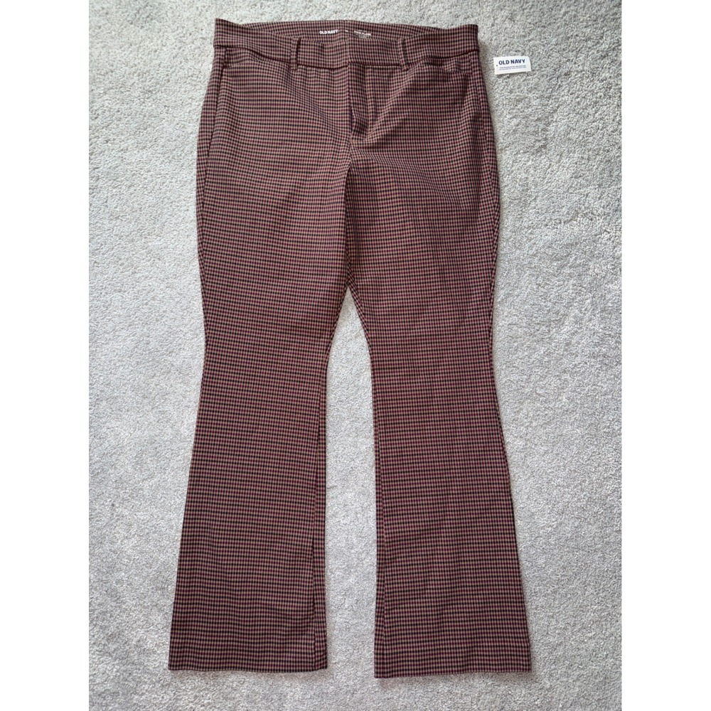 Old Navy Pixie Flare Pants Womens 14 High Rise Gingham Plaid Burgundy New 34x30
